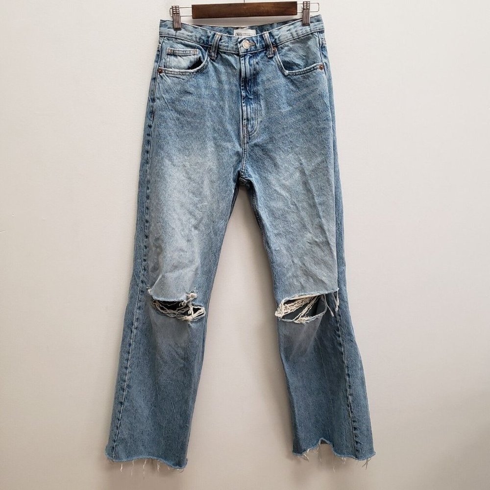 Zara Light Blue Distressed Wide Leg Jeans